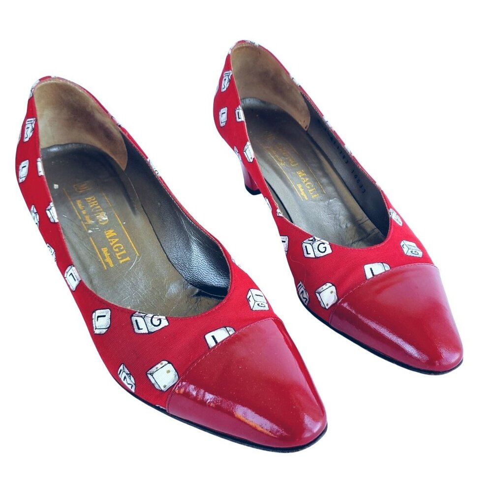 Bruno Magli 80s Vintage Red Heels 7.5 Novelty Dice Leather Canvas Rare Italy - Picture 2 of 14